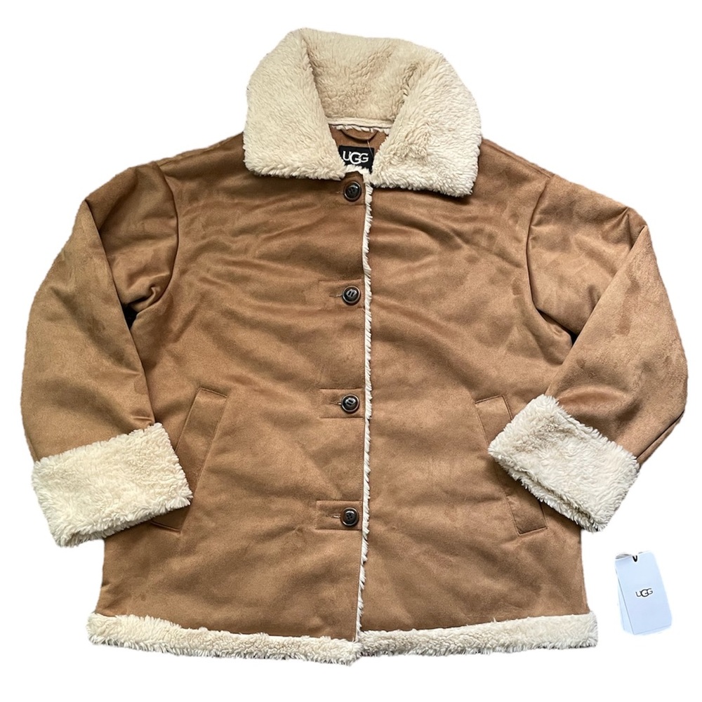 SOLD NWT UGG Dez Bonded Oversized Winter Brown Faux Fur Buttoned Coat - Picture 2 of 10